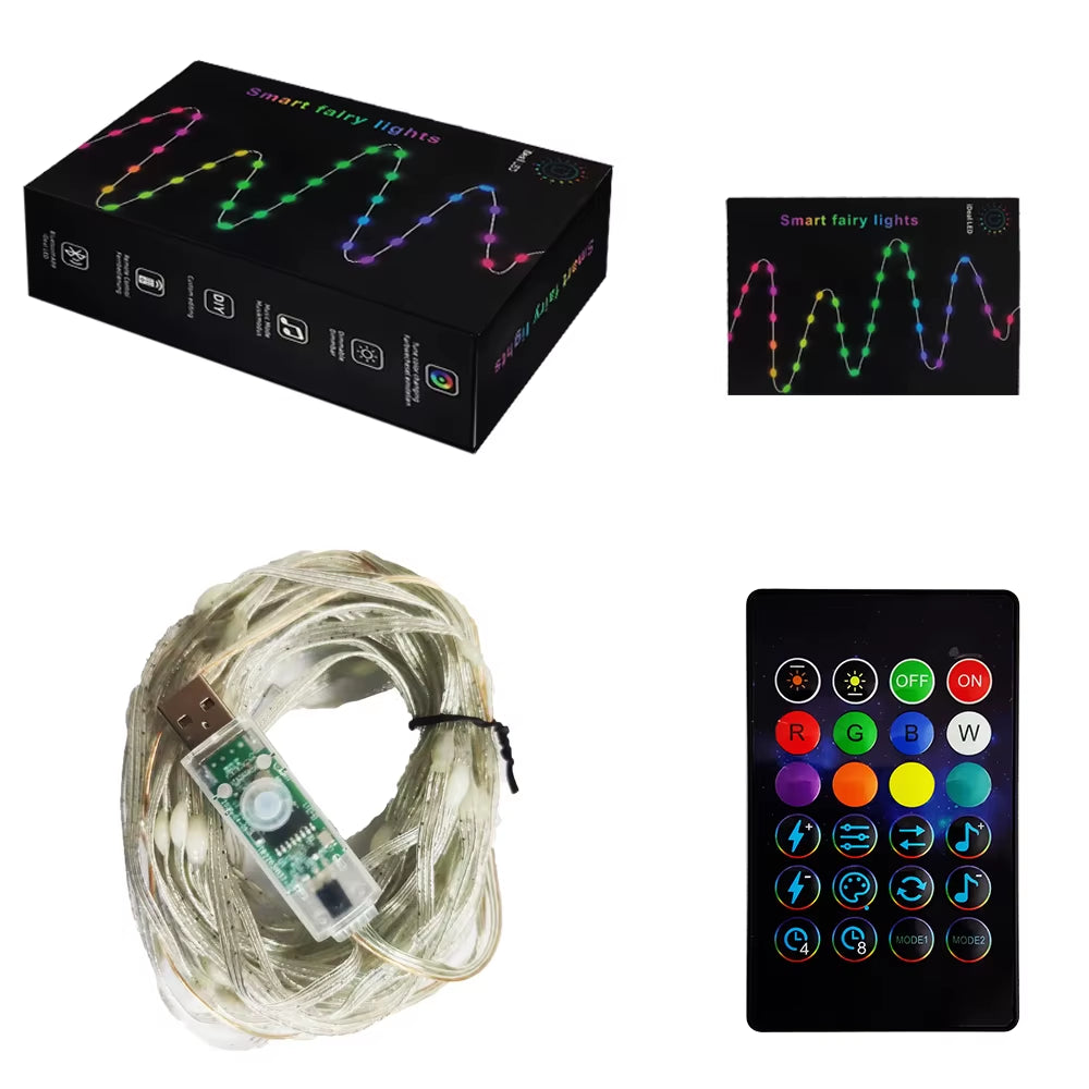 WS2812B LED String Light BT RGB Christmas Lights Party 5M 10M Music APP RGBIC Dream Color Addressable Individually USB 5V Power